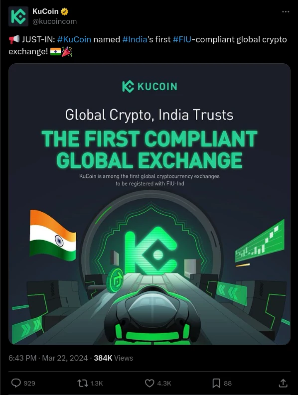 KuCoin announcing that is named first India FIU-compliant global crypto exchange.